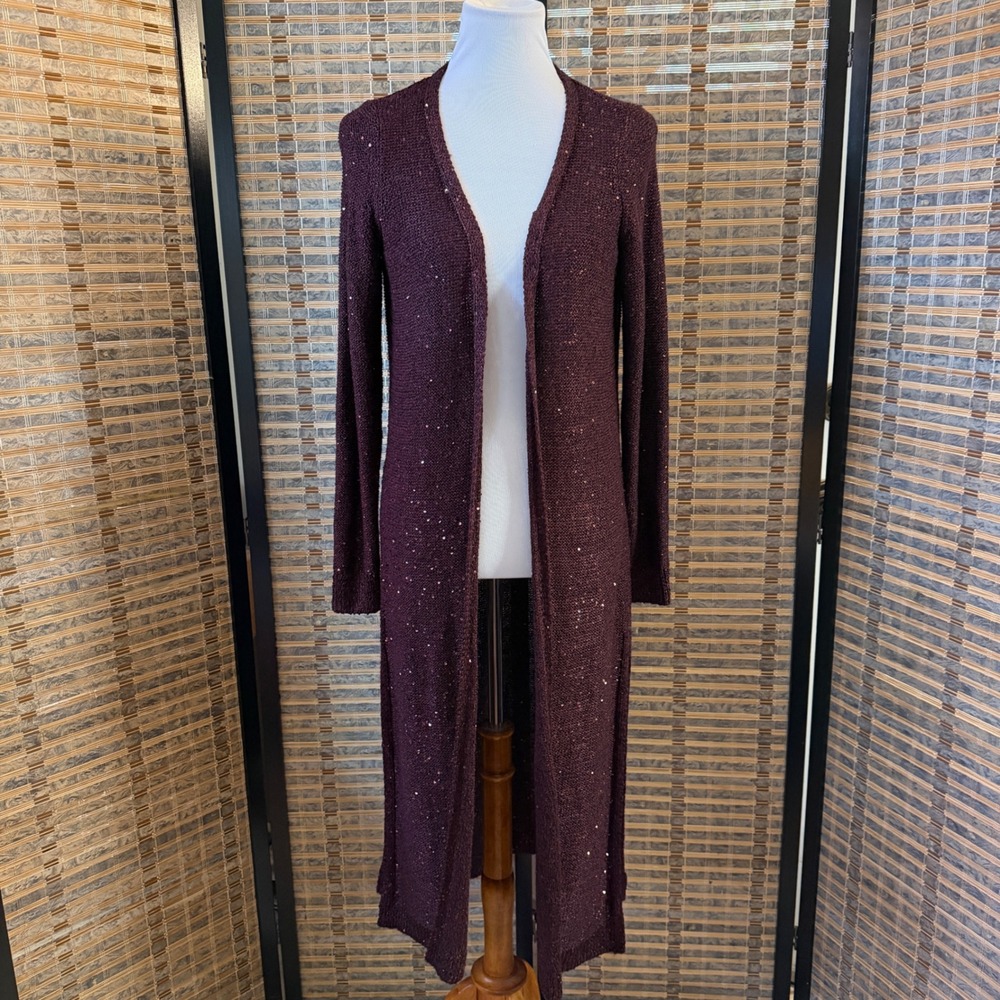 White House Black Market Cardigan Women M Burgundy Sequin Duster Longline